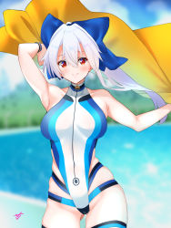 Rule 34 | 1girl, bare shoulders, blue bow, blue one-piece swimsuit, blue sky, blurry, blurry background, blush, bow, breasts, breasts apart, c@rbon, cloud, collarbone, competition swimsuit, fate/grand order, fate (series), front zipper swimsuit, hair between eyes, hair bow, highres, holding, holding towel, large breasts, looking at viewer, meme attire, multicolored clothes, multicolored swimsuit, one-piece swimsuit, ponytail, red eyes, sky, smile, solo, swimsuit, thigh strap, tomoe gozen (fate), tomoe gozen (swimsuit saber) (fate), tomoe gozen (swimsuit saber) (first ascension) (fate), towel, turtleneck, turtleneck one-piece swimsuit, water, white one-piece swimsuit