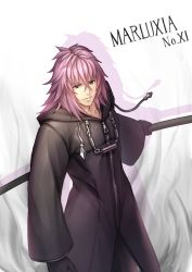 Rule 34 | 1boy, black coat (kingdom hearts), character name, cloak, closed mouth, gloves, gogo (detteiu de), kingdom hearts, kingdom hearts chain of memories, looking at viewer, male focus, marluxia, organization xiii, solo, weapon, white background