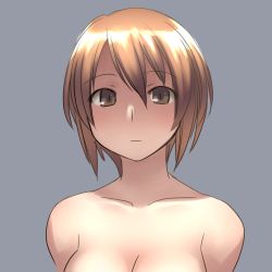 Rule 34 | 1girl, aaaa (quad-a), bad id, bad pixiv id, breasts, brown eyes, brown hair, collarbone, grey background, highres, looking at viewer, nude, original, portrait, short hair, simple background, solo, upper body