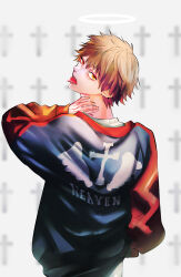 Rule 34 | 1boy, akiharu (nanjaaaaa), blonde hair, chainsaw man, cross, denji (chainsaw man), halo, hand in pocket, highres, jacket, letterman jacket, looking at viewer, looking back, open mouth, sharp teeth, short hair, simple background, solo, teeth, tombstone, tongue, tongue out, white background, yellow eyes