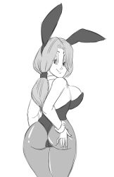Rule 34 | 10s, 1girl, animal ears, ass, breasts, bulma, dragon ball, dragon ball super, dragonball z, female focus, funsexydragonball, large breasts, leotard, looking back, monochrome, pantyhose, playboy bunny, rabbit ears, sideboob, simple background, solo, white background, wrist cuffs