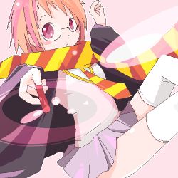Rule 34 | 1girl, animification, genderswap, genderswap (mtf), glasses, harry potter, harry potter (series), lowres, necktie, oekaki, orange scarf, scar, scarf, short hair, skirt, solo, striped clothes, striped scarf, thighhighs, wand, white thighhighs, wizarding world, zettai ryouiki