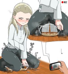 Rule 34 | ..., 1girl, ^ ^, black footwear, black pants, blonde hair, blush, boots, bowl, braid, cellphone, closed eyes, closed mouth, embarrassed, female focus, flat chest, forehead, full body, highres, holding, holding phone, japanese text, kneeling, lifting own clothes, long hair, long sleeves, lower body, multiple views, nose blush, original, pants, pee, peeing, peeing self, phone, puddle, recording, rosu (pixiv 74633871), shirt, simple background, smartphone, spread legs, straight-on, translation request, trembling, wet, wet clothes, white background, white shirt, wooden floor