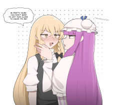 Rule 34 | 2girls, :d, absurdres, blonde hair, blush, commentary, english commentary, english text, eye contact, hat, highres, kirisame marisa, long hair, looking at another, mata (matasoup), mob cap, multiple girls, no headwear, open mouth, patchouli knowledge, profile, purple eyes, purple hair, simple background, smile, speech bubble, touhou, very long hair, white background, yuri