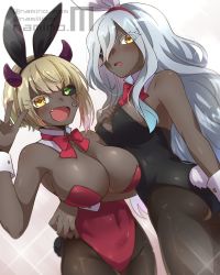 Rule 34 | 2girls, atago (sousei no onmyouji), bare shoulders, black sclera, black skin, blonde hair, blush, bow, bowtie, breast suppress, breasts, cleavage, colored sclera, colored skin, dark-skinned female, dark skin, fang, green eyes, heterochromia, highleg, highleg leotard, horns, large breasts, leotard, long hair, looking at viewer, mismatched sclera, moro (sousei no onmyouji), multiple girls, namino., open mouth, pantyhose, rabbit ears, rabbit tail, short hair, silver hair, smile, sousei no onmyouji, strapless, strapless leotard, tongue, victory pose, yellow eyes