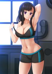 Rule 34 | 1girl, arm behind head, arm up, armpits, bare arms, bare shoulders, black hair, black shorts, blush, breasts, cleavage, closed mouth, collarbone, commentary, cowboy shot, crop top, en&#039;en no shouboutai, hand up, highres, indoors, kazenokaze, large breasts, long hair, looking at viewer, maki oze, midriff, navel, ponytail, purple eyes, short shorts, shorts, sidelocks, sleeveless, smile, solo, sports bra, standing, stomach, strap pull, thighs, window