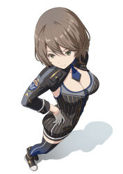 Rule 34 | 1girl, alice gear aegis, brown hair, closed mouth, commentary request, cropped jacket, dress, from above, green eyes, hand on own hip, highres, onaga akino, pinakes, shadow, shoes, short hair, smile, solo, striped clothes, striped dress, two-tone thighhighs, white background
