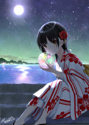Rule 34 | 1girl, aoyama sumika, art brush, black hair, blush, borrowed character, brown hair, collarbone, fireworks, floral print, from side, full moon, hair ornament, head tilt, holding, japanese clothes, kanzashi, kimono, minamoto mamechichi, moon, night, orb, original, outdoors, paintbrush, sandals, sitting, sky, smile, solo, stairs, star (sky), starry sky, water