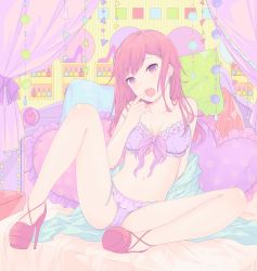 Rule 34 | 1girl, bad id, bad pixiv id, bra, breasts, clock, earrings, finger to mouth, frilled pillow, frills, highres, jewelry, open mouth, original, panties, pillow, pink hair, purple bra, purple eyes, purple panties, sitting, tadano tsukasa, underwear