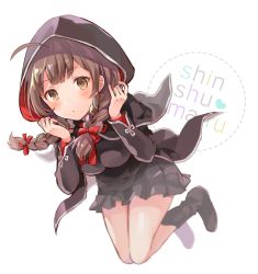 Rule 34 | 1girl, ahoge, anbutter siruko, black capelet, black dress, black footwear, blush, boots, braid, breasts, brown eyes, capelet, dress, full body, hood, hooded capelet, kantai collection, knees together feet apart, large breasts, long hair, long sleeves, red ribbon, ribbon, shinshuu maru (kancolle), solo, twin braids