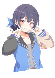 Rule 34 | 1girl, absurdres, asymmetrical sleeves, black hair, black sailor collar, blue ribbon, blush, bow, closed mouth, collarbone, cropped torso, dot nose, eitopondo, finger to mouth, flat chest, grey shirt, hair between eyes, hair bow, hair bun, hair ribbon, hands up, highres, idolmaster, idolmaster shiny colors, jacket, long sleeves, looking at viewer, mismatched sleeves, morino rinze, multicolored clothes, multicolored jacket, open clothes, open jacket, pink sash, red eyes, ribbon, sailor collar, sash, shirt, short hair, simple background, smile, solo, upper body, white background