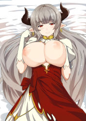 Rule 34 | 10s, 1girl, alicia (granblue fantasy), ankh, blunt bangs, blush, breasts, breasts out, closed mouth, cross, cross earrings, draph, dress, earrings, elbow gloves, eyebrows, gloves, granblue fantasy, hand on breast, hand on own ear, hands up, highres, horns, jewelry, large breasts, long hair, looking at viewer, lying, nipples, on back, on bed, open clothes, pen (pen3), pointy ears, puffy short sleeves, puffy sleeves, red dress, red eyes, short sleeves, sidelocks, silver hair, smile, solo, underboob, white gloves