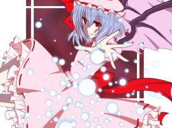 Rule 34 | 1girl, abyss713, bat wings, cowboy shot, danmaku, dress, female focus, hat, looking at viewer, mob cap, outstretched arm, pink dress, puffy short sleeves, puffy sleeves, red eyes, remilia scarlet, short sleeves, silver hair, simple background, solo, touhou, upper body, vampire, white background, wings