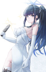 Rule 34 | 1girl, absurdres, ass, black hair, blue archive, blue eyes, blue halo, breasts, closed mouth, cowboy shot, dress, elbow gloves, gloves, halo, highres, holding, holding weapon, long hair, looking at viewer, medium breasts, official alternate costume, saori (blue archive), saori (dress) (blue archive), solo, thighhighs, uth 95, weapon, white dress, white gloves, white thighhighs