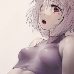 Rule 34 | 1girl, bare shoulders, breasts, fangs, geppewi, inubashiri momiji, looking at viewer, open mouth, red eyes, short hair, silver hair, sketch, small breasts, solo, touhou, upper body