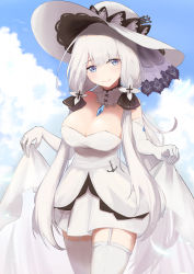 Rule 34 | 1girl, anchor symbol, azur lane, bare shoulders, blue eyes, blue gemstone, blue sky, breasts, cleavage, cloud, detached collar, dress, elbow gloves, garter straps, gem, gloves, hair ribbon, hat, highres, illustrious (azur lane), kashiyarrm, lace-trimmed headwear, lace trim, large breasts, long hair, looking at viewer, ribbon, skirt hold, sky, sleeveless, sleeveless dress, solo, strapless, strapless dress, sun hat, thighhighs, tress ribbon, tri tails, very long hair, white dress, white gloves, white hair, white hat, white thighhighs