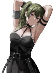 Rule 34 | 1girl, arm strap, armpits, arms behind head, arms up, black dress, black gloves, breasts, closed mouth, commentary request, dress, gloves, green hair, halterneck, highres, large breasts, long hair, looking at viewer, purple eyes, raberu ruru, seductive smile, side ponytail, simple background, sleeveless, sleeveless dress, smile, solo, sousou no frieren, ubel (sousou no frieren), white background
