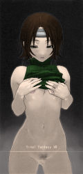 Rule 34 | 1990s (style), 1girl, bare shoulders, bottomless, breasts, brown eyes, brown hair, censored, cleavage, covering privates, covering breasts, female pubic hair, final fantasy, final fantasy vii, headband, navel, nipple slip, nipples, pubic hair, pussy, retro artstyle, sleeveless, sleeveless turtleneck, small breasts, solo, turtleneck, underboob, yuffie kisaragi