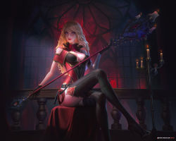 Rule 34 | 1girl, belt, black footwear, black thighhighs, blonde hair, blue eyes, breasts, cleavage, fanfoxy, feet out of frame, female focus, gloves, high heels, highres, holding, holding weapon, large breasts, leotard, long hair, looking at viewer, looking to the side, priestess, red leotard, red lips, sitting, solo, thighhighs, thighs, warcraft, weapon, whip, world of warcraft