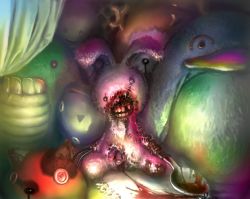 Rule 34 | blood, rabbit, buttons, claws, creepy, doll, guro, horror (theme), monster, no humans, spoon, stuffed animal, stuffed toy, tsukushi akihito, what