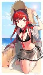 Rule 34 | 1girl, absurdres, arknights, arm up, armpits, bare shoulders, barefoot, bikini, black bikini, braid, breasts, bridal garter, brown hat, day, detached collar, fang, hair ornament, halterneck, hat, highres, horizon, horns, innertube, kneeling, long hair, looking at viewer, miniskirt, navel, ocean, official alternate costume, open mouth, outdoors, pointy ears, red eyes, red hair, see-through, shawl, side-tie bikini bottom, skirt, sky, small breasts, solo, soyoong jun, stomach, straw hat, string bikini, swim ring, swimsuit, tail, thighs, twin braids, vigna (arknights), vigna (casual vacation) (arknights), water