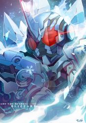 Rule 34 | 1boy, armor, artist name, blue armor, commentary, english text, grease blizzard, helmet, horns, ice, kamen rider, kamen rider build (series), kamen rider grease, male focus, mechanical hands, red eyes, signature, single horn, single mechanical hand, snowflakes, snowing, solo, tokusatsu, twai, upper body