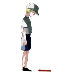 Rule 34 | 1boy, asuka ryou, baton, blonde hair, blue eyes, child, devilman, devilman crybaby, hat, highres, male focus, shirt, shoes, short hair, shorts, simple background, solo, white background, white shirt, aged down