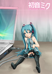 Rule 34 | 1girl, ast exception, blue eyes, blue hair, clothes lift, computer, fuyutsuki asuto, hatsune miku, keyboard (computer), laptop, long hair, matching hair/eyes, no panties, object insertion, skirt, skirt lift, solo, thighhighs, twintails, usb, vocaloid