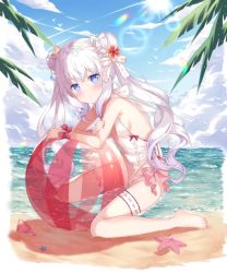 Rule 34 | + +, 1girl, alternate costume, alternate hairstyle, azur lane, ball, beach, beachball, blue eyes, blue sky, blush, breasts, bridal garter, cleavage, cloud, cloudy sky, commentary request, conch, day, double bun, gradient hair, hair bun, le malin (azur lane), looking at viewer, multicolored hair, nail polish, navel, ocean, one-piece swimsuit, outdoors, palm leaf, pink nails, ribbon, sand, shadow, sidelocks, silver hair, sitting, sky, small breasts, solo, starfish, sun, sunlight, swimsuit, symbol-shaped pupils, toenail polish, toenails, twintails, wariza, water, white one-piece swimsuit, wrist ribbon, yozora (33968397)