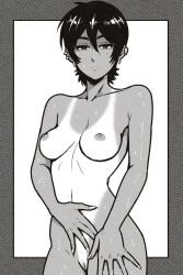 Rule 34 | 1girl, akairiot, black hair, border, breasts, cleft of venus, closed mouth, collarbone, commentary, completely nude, earrings, expressionless, greyscale, hair between eyes, highres, jewelry, looking at viewer, medium breasts, mole, mole under eye, monochrome, navel, nipples, nude, one-piece tan, original, pussy, short hair, symbol-only commentary, tan, tanline, wet
