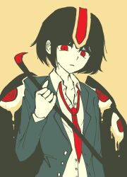 Rule 34 | 1other, androgynous, atoymk, black hair, blood, blue jacket, colored skin, commentary, crowbar, highres, holding, holding crowbar, jacket, kokutenshi hibaru, len&#039;en, limited palette, long sleeves, necktie, open clothes, open collar, open jacket, other focus, parted lips, red eyes, red headwear, red necktie, shirt, short hair, simple background, solo, upper body, white shirt, white skin, wings