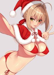 Rule 34 | 1girl, ahoge, ass, bikini, blonde hair, braid, breasts, christmas, cocq taichou, commentary request, fate/grand order, fate (series), french braid, green eyes, grey background, hair between eyes, hair bun, hair intakes, hat, large breasts, lips, looking at viewer, micro bikini, nero claudius (fate), nero claudius (fate) (all), nero claudius (fate/extra), open mouth, outstretched arm, red bikini, santa hat, shiny skin, simple background, single hair bun, smile, solo, standing, swimsuit, v