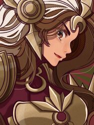 Rule 34 | 1girl, armor, brown eyes, brown hair, closed mouth, full armor, hair ornament, highres, kawaguti kappa, league of legends, leona (league of legends), lipstick, long hair, looking at viewer, makeup, parted bangs, red lips, simple background, smile, solo, upper body