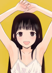 Rule 34 | 1girl, armpits, arms up, bare shoulders, hanamizawa q-tarou, highres, long hair, open mouth, original, simple background, solo, upper body, yellow background