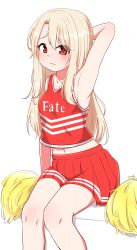 Rule 34 | 1girl, 3:, arm behind head, arm up, armpits, bare arms, bare shoulders, blonde hair, blush, chawan (yultutari), cheerleader, closed mouth, copyright name, fate/stay night, fate (series), feet out of frame, highres, illyasviel von einzbern, legs, long hair, looking at viewer, midriff, midriff peek, navel, pleated skirt, pom pom (cheerleading), red eyes, red skirt, red vest, simple background, sitting, skirt, sleeveless, solo, vest, wavy mouth, white background