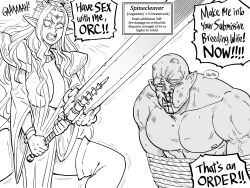 Rule 34 | 1boy, 1girl, absurdres, armor, bb (baalbuddy), blood, bound, bracelet, breasts, cleavage, elf, english text, greyscale, highres, injury, jewelry, large breasts, long pointy ears, monochrome, muscular, muscular male, nosebleed, orc, original, pointy ears, rope, shoulder armor, shouting, sword, thighhighs, threat, tiara, tied up (nonsexual), tusks, two-handed sword, weapon
