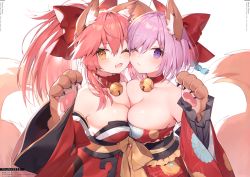 Rule 34 | 2girls, absurdres, animal ear fluff, animal ears, animal hands, bare shoulders, bell, blush, bow, breast press, breasts, cleavage, collar, collarbone, fang, fate/extra, fate/grand order, fate (series), floral print, fox ears, fox tail, gloves, hair bow, highres, huge filesize, japanese clothes, jingle bell, kimono, long hair, looking at viewer, mash kyrielight, multiple girls, muryotaro, neck bell, one eye closed, open mouth, paw gloves, paw pose, pink hair, ponytail, purple eyes, purple hair, red bow, red kimono, scan, shiny skin, short hair, simple background, skin fang, smile, strapless, symmetrical docking, tail, tamamo (fate), tamamo cat (fate), wide sleeves