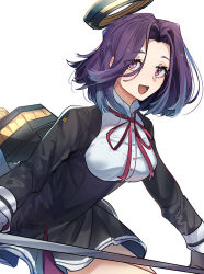 Rule 34 | 1girl, :d, glaive (polearm), halo, haru hikoya, kantai collection, looking at viewer, mechanical halo, neck ribbon, open mouth, polearm, purple eyes, purple hair, red ribbon, ribbon, school uniform, short hair, simple background, smile, solo, tatsuta (kancolle), white background