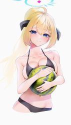 Rule 34 | 1girl, absurdres, ahoge, akari (blue archive), bare arms, bare shoulders, bikini, black bikini, blue archive, blue eyes, blush, braid, breasts, cleavage, closed mouth, collarbone, food, fruit, halo, highres, holding, holding food, horns, kazane-wind, large breasts, long hair, looking at viewer, navel, ponytail, simple background, smile, solo, swimsuit, upper body, very long hair, watermelon, white background