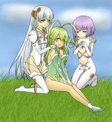 Rule 34 | 3girls, :d, alternate hairstyle, antenna hair, ar tonelico, ar tonelico i, ar tonelico ii, ar tonelico iii, bare shoulders, blue eyes, bodysuit, boots, braid, center opening, cloud, colorized, cross-laced clothes, day, detached sleeves, flat chest, frelia (ar tonelico), frelia ansul solmarta, from side, gloves, grass, green hair, groin, gust, hair between eyes, hair down, hair ornament, hairdressing, half-closed eyes, halterneck, hands on thighs, haruka (charishearts), headgear, highleg, highleg leotard, kneeling, leotard, light smile, long hair, multiple girls, navel, on ground, open mouth, orange eyes, outdoors, purple eyes, purple hair, see-through, short hair, shurelia (ar tonelico), side braid, silver hair, sitting, sky, smile, thigh boots, thighhighs, tilia (ar tonelico), turtleneck, twin braids, utsugi (skydream), very long hair, white footwear, white gloves, white legwear