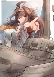 Rule 34 | 1girl, ahoge, brown hair, cannon, commentary request, dated, detached sleeves, double bun, hair bun, hairband, headgear, highres, kantai collection, kongou (kancolle), kongou kai ni (kancolle), long hair, looking at viewer, machinery, popped collar, ribbon-trimmed sleeves, ribbon trim, saamon (salmonkomaku), solo, turret, upper body