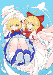 Rule 34 | 2girls, absurdres, ahoge, angel wings, apron, blonde hair, blue dress, blue footwear, blue sky, blush, bow, bowtie, breasts, carrying, commentary request, dress, feathered wings, feathers, flying, frilled dress, frills, gengetsu (touhou), hair bow, highres, long sleeves, looking at viewer, maid, maid apron, maid headdress, medium breasts, mugetsu (touhou), multiple girls, open mouth, pink dress, princess carry, puffy short sleeves, puffy sleeves, red bow, red bowtie, red ribbon, ribbon, short hair, short sleeves, siblings, sisters, sky, smile, socks, sweatdrop, tatutaniyuuto, touhou, touhou (pc-98), white legwear, wings, wrist cuffs, yellow eyes