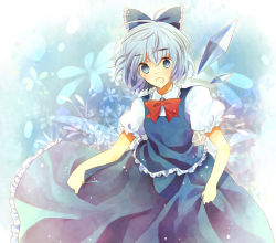 Rule 34 | 1girl, amazuki jou, bad id, bad pixiv id, blue eyes, blue hair, bow, cirno, hair bow, holding clothes, holding skirt, matching hair/eyes, open mouth, ribbon, short hair, skirt, skirt hold, smile, solo, touhou, wings