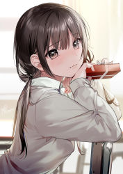 Rule 34 | 1girl, almic, backlighting, blush, brown eyes, brown hair, chair, closed mouth, collared shirt, commentary request, from side, gift, highres, holding, holding gift, long hair, long sleeves, looking at viewer, looking to the side, low ponytail, original, shirt, sitting, sitting backwards, smile, solo, upper body, valentine, white shirt