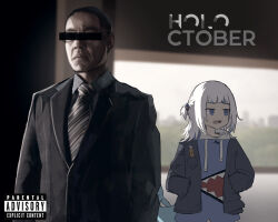 Rule 34 | 1boy, 1girl, absurdres, advarcher, black suit, blue eyes, blue hoodie, breaking bad, censored, diagonal-striped clothes, diagonal-striped necktie, fins, fish tail, formal, gawr gura, grey jacket, gustavo fring, hair ornament, hands in pockets, highres, hololive, hololive english, holomyth, hood, hoodie, identity censor, jacket, jitome, medium hair, multicolored hair, necktie, open mouth, parody, shark girl, shark hair ornament, shark tail, sharp teeth, streaked hair, striped clothes, suit, tail, teeth, two side up, upper teeth only, utility knife, virtual youtuber, white hair