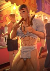 Rule 34 | 4boys, abs, backlighting, bara, black hair, blush, chocolate banana, clenched hands, cowboy shot, crop top, cross-eyed, eating, facial hair, facing viewer, festival, food, food in mouth, food stand, fundoshi, goatee, gorou naoki, hachimaki, hair slicked back, hands up, happi, headband, highres, holding, holding food, japanese clothes, lanyard, large pectorals, leg hair, looking at object, male focus, mizu happi, multiple boys, muscular, muscular male, navel, navel hair, nejiri hachimaki, night, original, outdoors, paid reward available, pectoral cleavage, pectorals, phallic symbol, sausage, sexually suggestive, short hair, short sleeves, solo focus, standing, very short hair