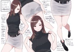 Rule 34 | 1girl, bare arms, belt, belt buckle, black footwear, black sweater, brown eyes, brown hair, buckle, closed mouth, commentary request, hand on own hip, knees together feet apart, kuro (toi et moi), long hair, looking at viewer, multiple views, original, pencil skirt, ribbed sweater, simple background, skirt, sleeveless, sleeveless sweater, sweater, translation request, turtleneck, turtleneck sweater, white background, white skirt