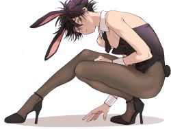 Rule 34 | 1boy, alternate costume, animal ears, bare shoulders, black bow, black footwear, black hair, black leotard, black necktie, black pantyhose, bow, commentary, crossdressing, detached collar, full body, fushiguro megumi, green eyes, hair between eyes, high heels, highres, jujutsu kaisen, leotard, looking at viewer, m167cm, male focus, male playboy bunny, necktie, outstretched leg, pantyhose, parted lips, rabbit ears, rabbit tail, shadow, short hair, simple background, solo, spiked hair, squatting, strapless, strapless leotard, symbol-only commentary, tail, white background, wrist cuffs