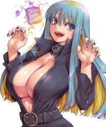 Rule 34 | 1girl, amania orz, aqua hair, belt, blonde hair, blue eyes, breasts, cleavage, copyright name, dated, devil summoner, hands up, highres, large breasts, multicolored hair, nail polish, nemissa, no bra, open mouth, purple nails, simple background, smile, solo, soul hackers, twitter username, two-tone hair, upper body, white background, zipper, zipper pull tab