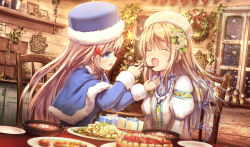 Rule 34 | 2girls, :d, :o, ^ ^, armband, blonde hair, blue eyes, blue hat, blurry, blush, box, cake, capelet, chair, christmas, christmas ornaments, christmas tree, closed eyes, depth of field, doll, dress, facing another, feeding, flower, food, fur-trimmed sleeves, fur hat, fur trim, gift, gift box, hair flower, hair ornament, hat, highres, holding, holding spoon, indoors, juliet sleeves, liquid hair, long hair, long sleeves, looking at another, matryoshka doll, missile228, multiple girls, open mouth, original, painting (object), picture frame, plant, plate, profile, puffy long sleeves, puffy sleeves, rusalka, shelf, sitting, slavic mythology, smile, snegurochka (mythology), snow, snowing, soup, sparkle, spoon, star (symbol), star hair ornament, table, vines, white dress, window, wooden wall, wreath